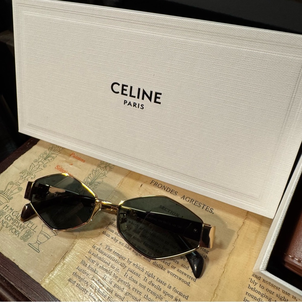 Celine Triomphe Metal Sunglasses Gold Black Green New in Box NWT